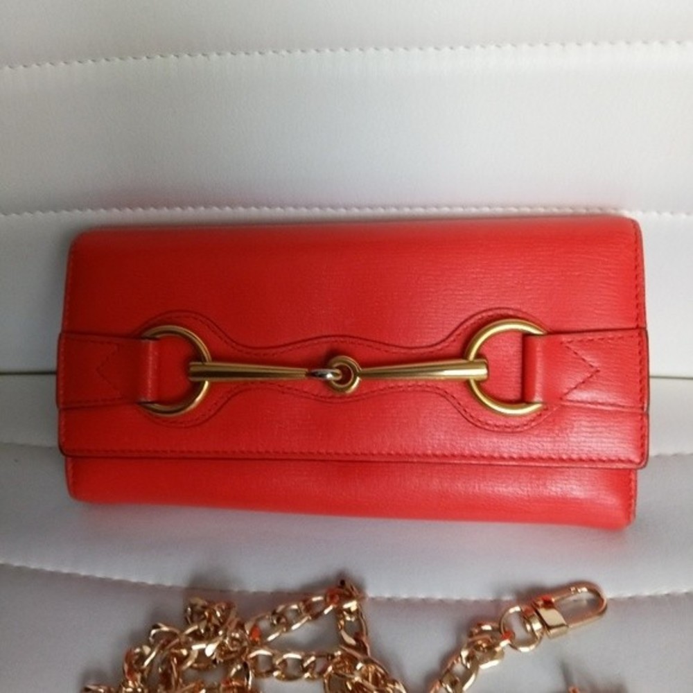 Gucci Red/Orange Leather Horse bit long wallet Authentic w/Chain & insert - Picture 4 of 15